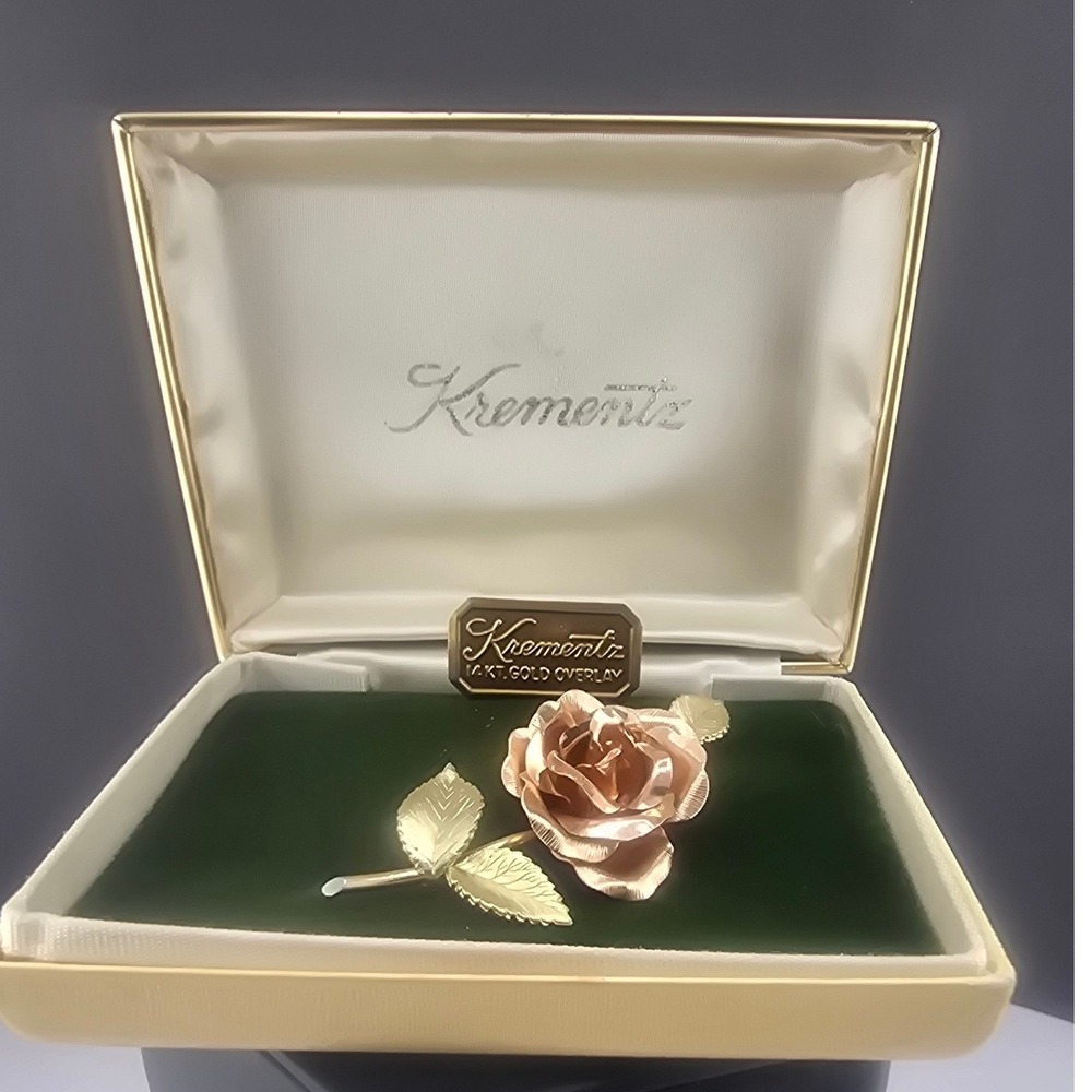 Vintage Krementz Rose Brooch In Box Gold Tone Floral Pin 2.5"